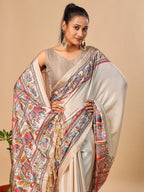 Exquisite Cream Madhubani & Elephant Digital Printed Tussar Silk Saree With Elegant Zari Border