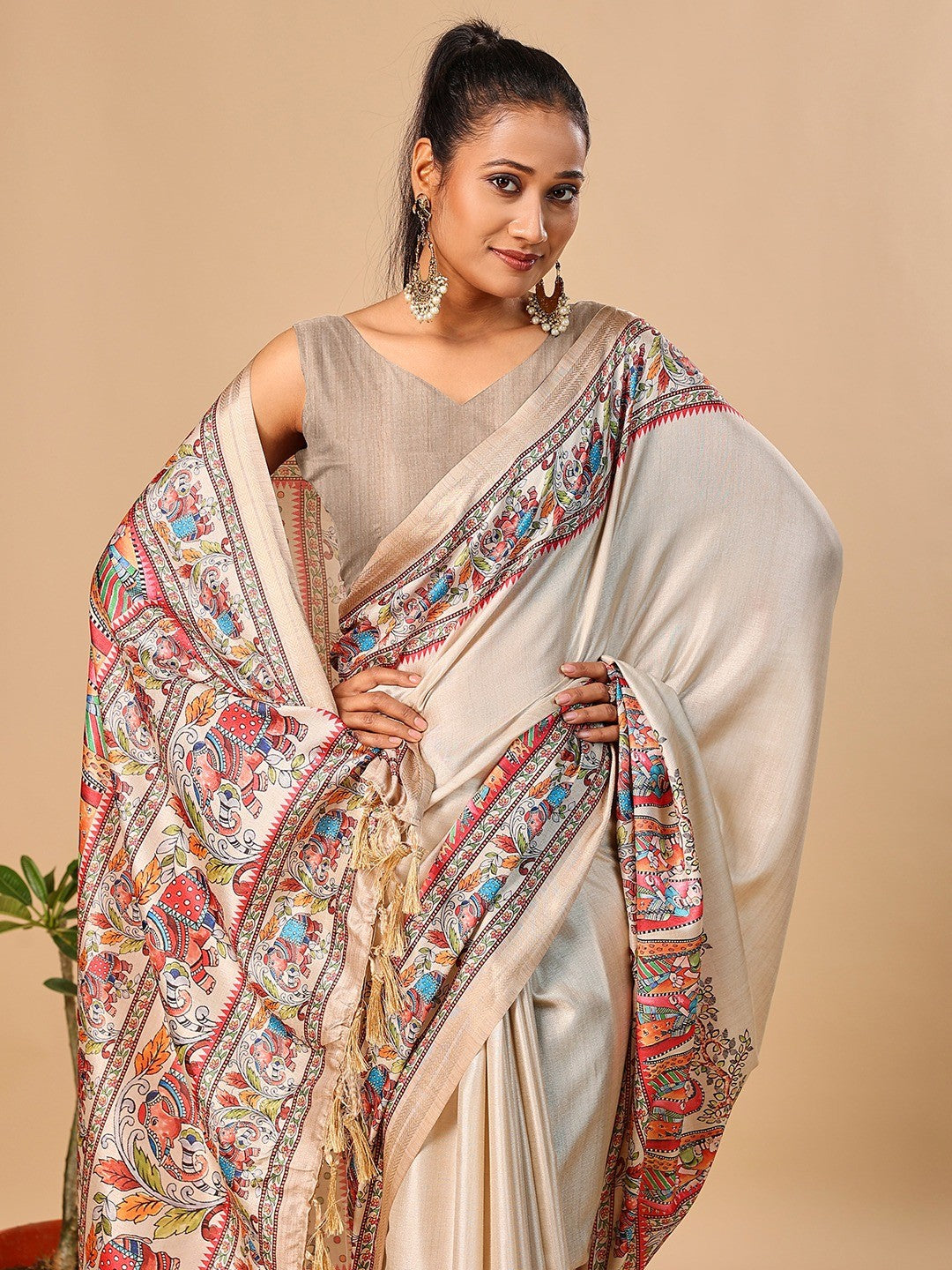 Exquisite Cream Madhubani & Elephant Digital Printed Tussar Silk Saree With Elegant Zari Border