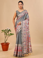 Exquisite Grey Madhubani & Elephant Digital Printed Tussar Silk Saree With Elegant Zari Border