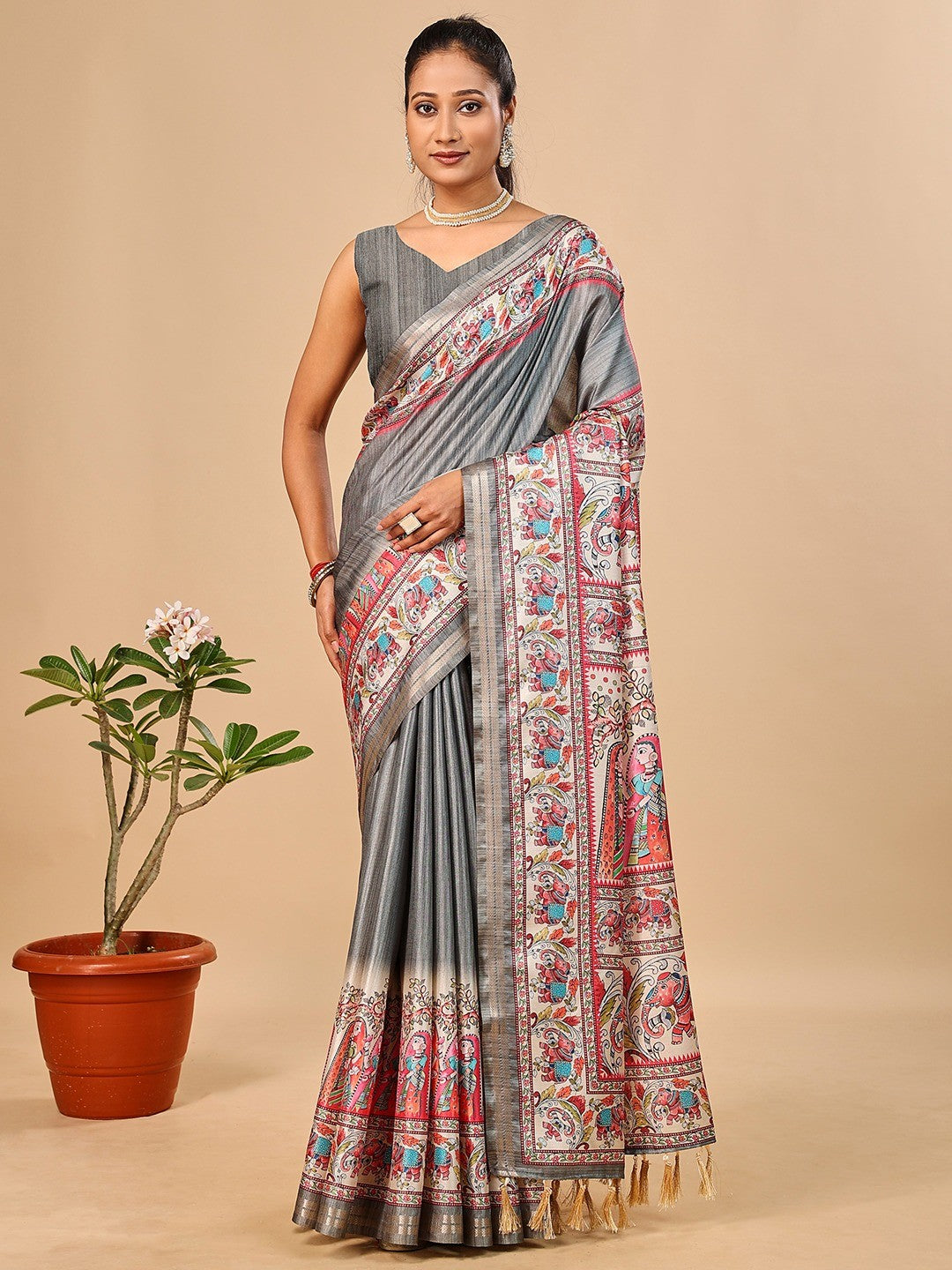 Exquisite Grey Madhubani & Elephant Digital Printed Tussar Silk Saree With Elegant Zari Border