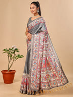 Exquisite Grey Madhubani & Elephant Digital Printed Tussar Silk Saree With Elegant Zari Border