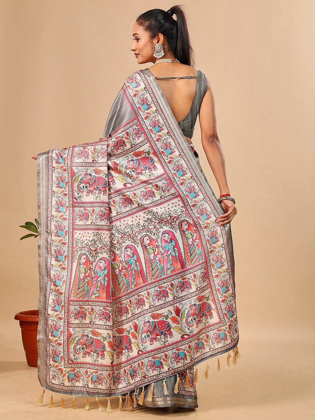 Exquisite Grey Madhubani & Elephant Digital Printed Tussar Silk Saree With Elegant Zari Border