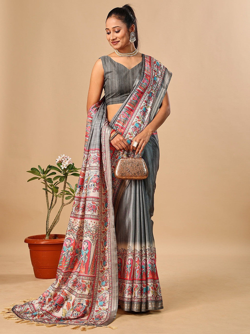 Exquisite Grey Madhubani & Elephant Digital Printed Tussar Silk Saree With Elegant Zari Border