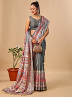 Exquisite Grey Madhubani & Elephant Digital Printed Tussar Silk Saree With Elegant Zari Border