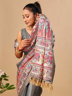 Exquisite Grey Madhubani & Elephant Digital Printed Tussar Silk Saree With Elegant Zari Border