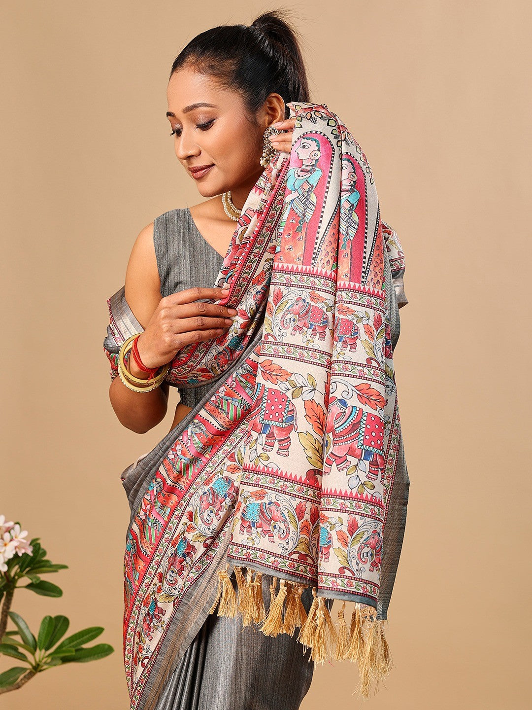 Exquisite Grey Madhubani & Elephant Digital Printed Tussar Silk Saree With Elegant Zari Border
