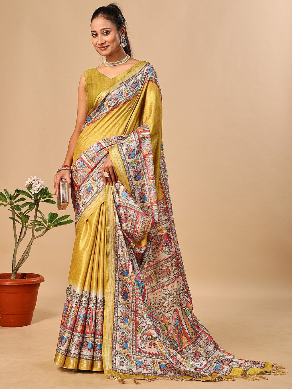 Exquisite Mustard Madhubani & Elephant Digital Printed Tussar Silk Saree With Elegant Zari Border