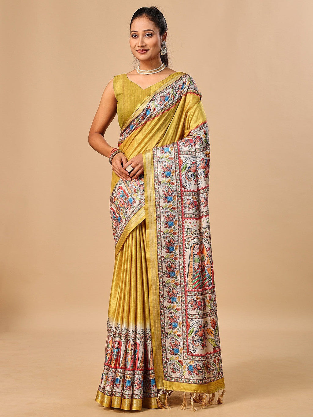 Exquisite Mustard Madhubani & Elephant Digital Printed Tussar Silk Saree With Elegant Zari Border