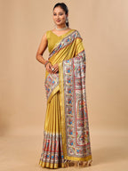 Exquisite Mustard Madhubani & Elephant Digital Printed Tussar Silk Saree With Elegant Zari Border