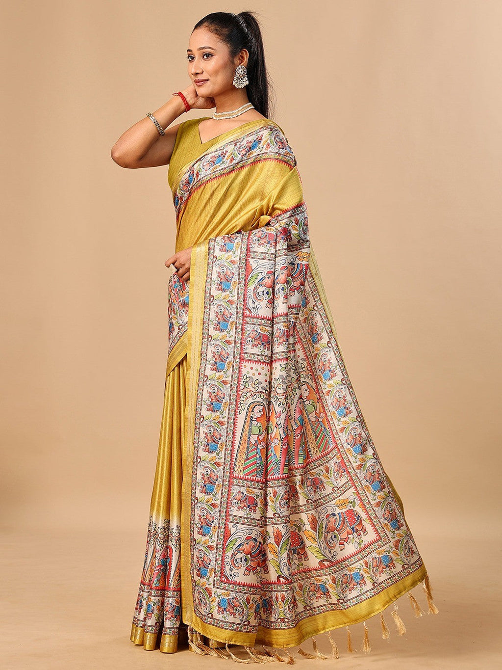 Exquisite Mustard Madhubani & Elephant Digital Printed Tussar Silk Saree With Elegant Zari Border