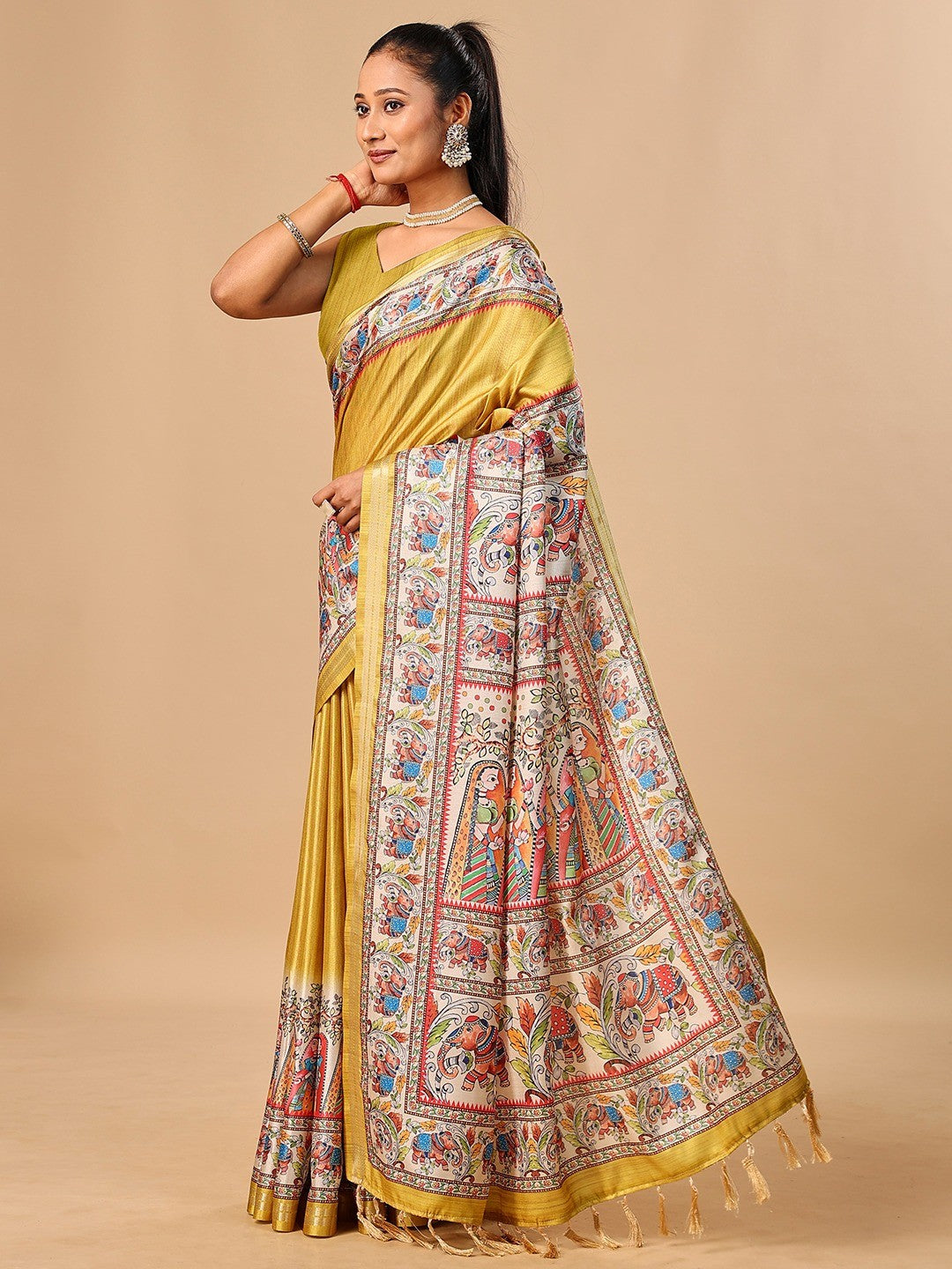 Exquisite Mustard Madhubani & Elephant Digital Printed Tussar Silk Saree With Elegant Zari Border