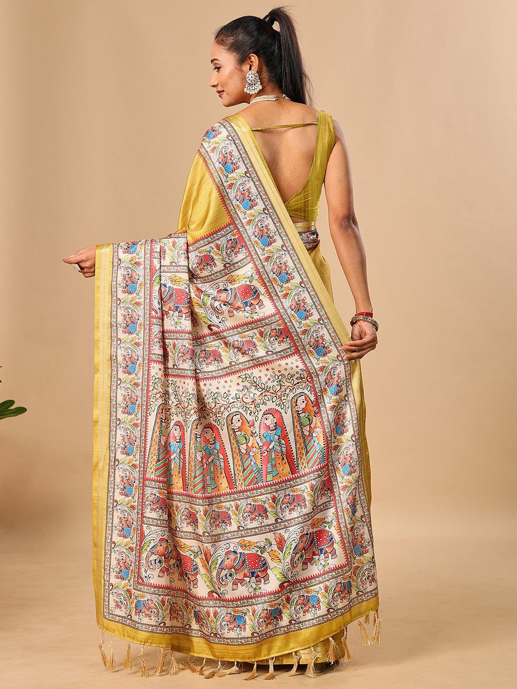 Exquisite Mustard Madhubani & Elephant Digital Printed Tussar Silk Saree With Elegant Zari Border