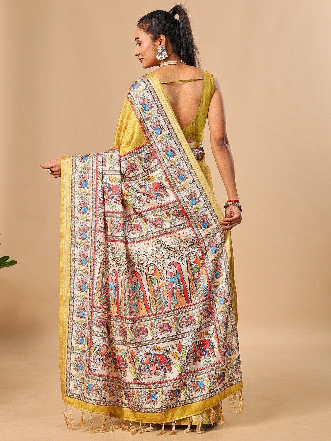 Exquisite Mustard Madhubani & Elephant Digital Printed Tussar Silk Saree With Elegant Zari Border