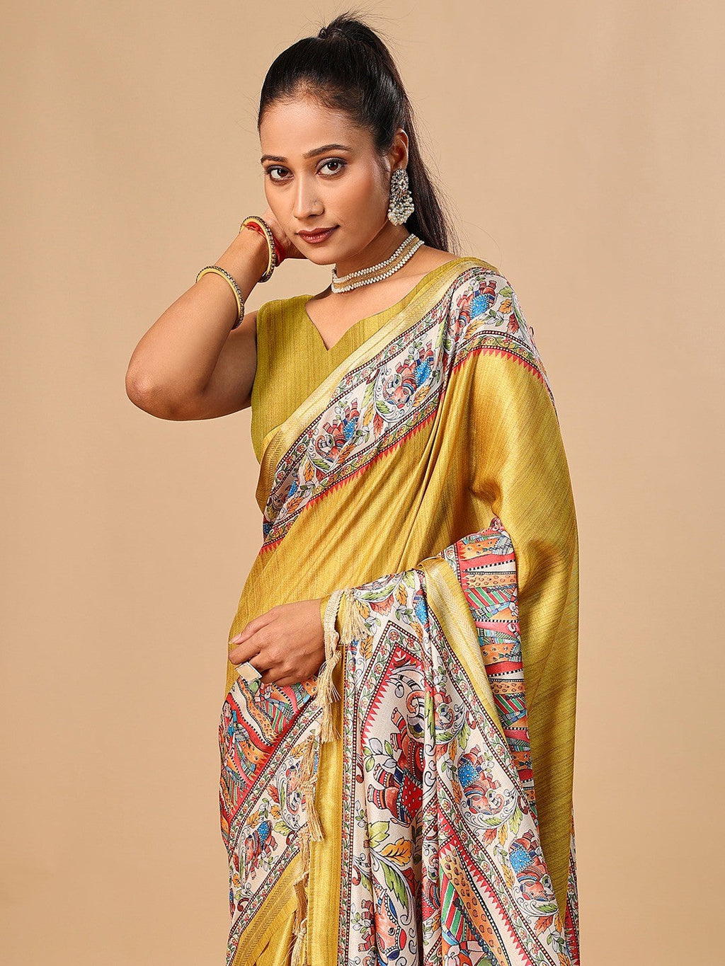Exquisite Mustard Madhubani & Elephant Digital Printed Tussar Silk Saree With Elegant Zari Border
