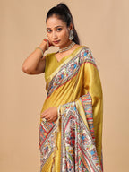 Exquisite Mustard Madhubani & Elephant Digital Printed Tussar Silk Saree With Elegant Zari Border