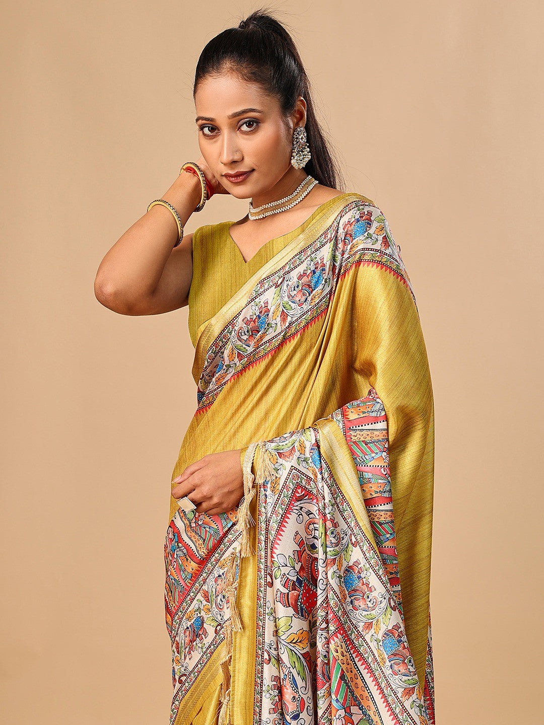 Exquisite Mustard Madhubani & Elephant Digital Printed Tussar Silk Saree With Elegant Zari Border