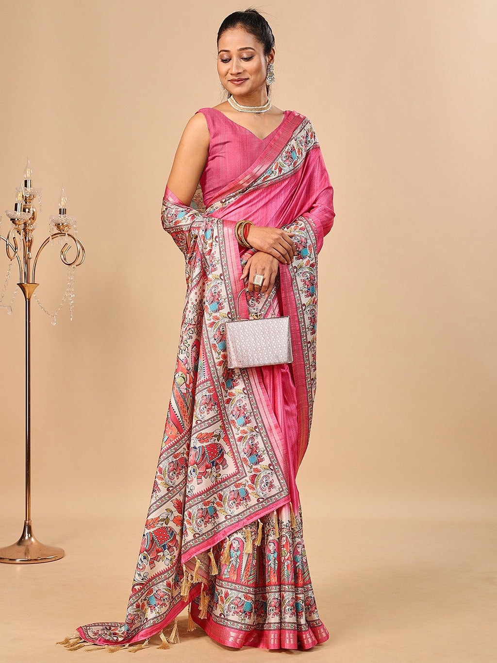 Exquisite Pink Madhubani & Elephant Digital Printed Tussar Silk Saree With Elegant Zari Border