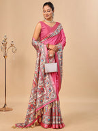 Exquisite Pink Madhubani & Elephant Digital Printed Tussar Silk Saree With Elegant Zari Border