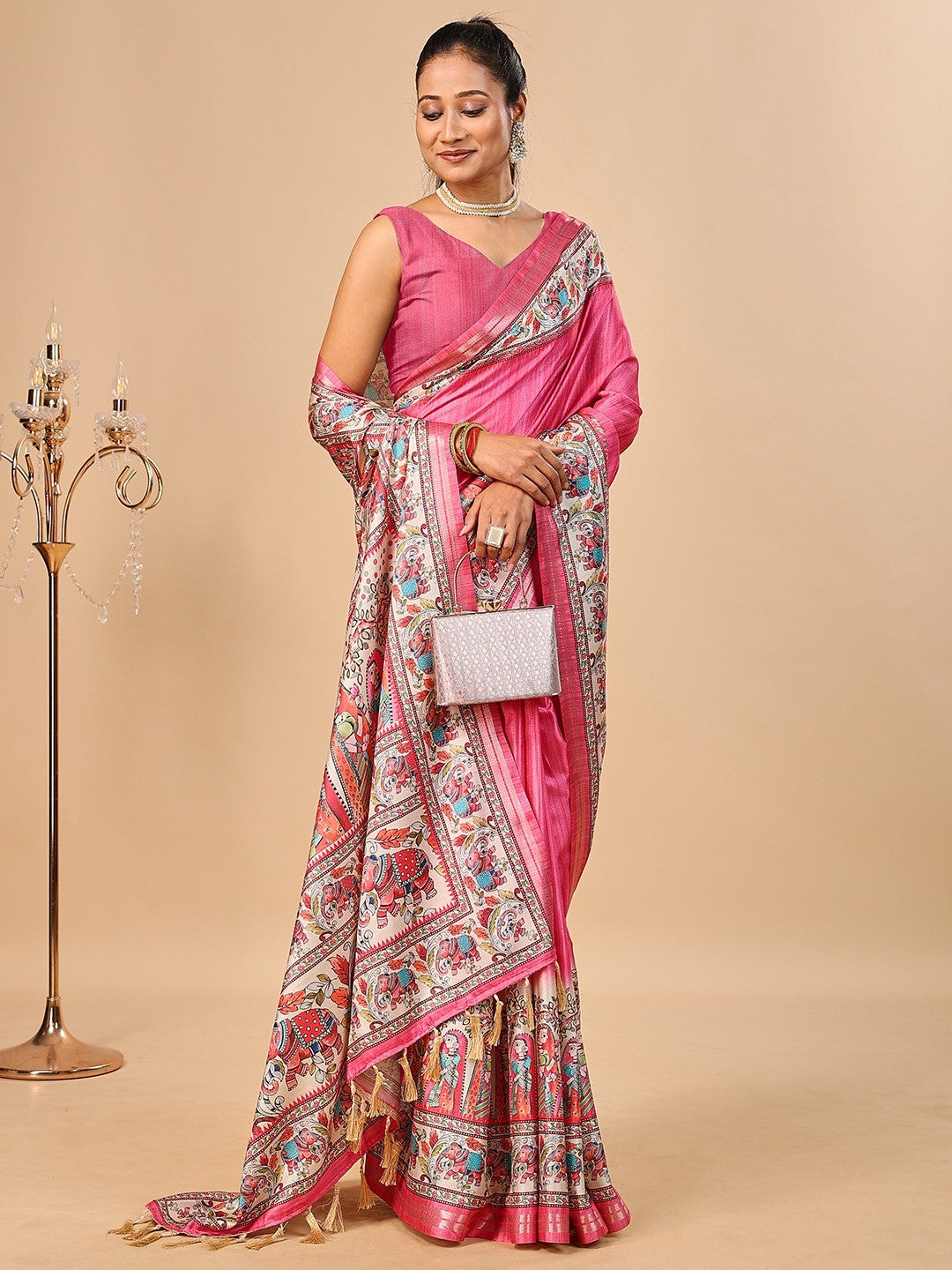 Exquisite Pink Madhubani & Elephant Digital Printed Tussar Silk Saree With Elegant Zari Border
