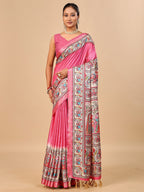 Exquisite Pink Madhubani & Elephant Digital Printed Tussar Silk Saree With Elegant Zari Border