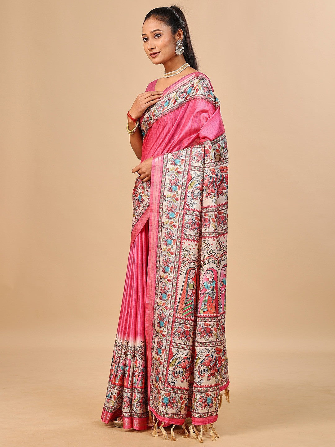 Exquisite Pink Madhubani & Elephant Digital Printed Tussar Silk Saree With Elegant Zari Border