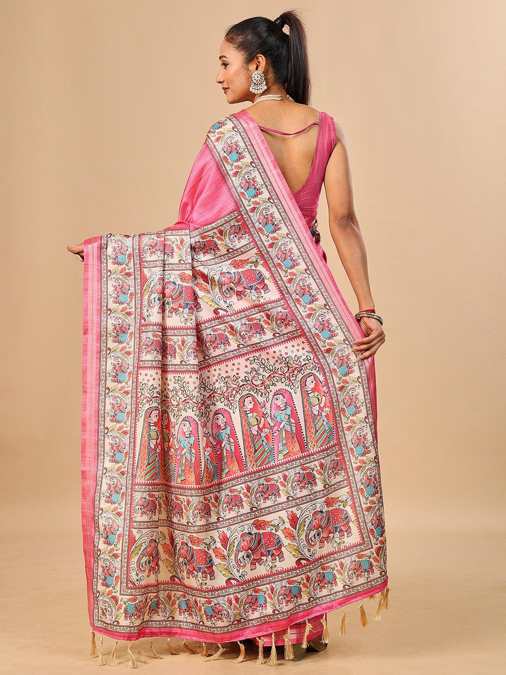 Exquisite Pink Madhubani & Elephant Digital Printed Tussar Silk Saree With Elegant Zari Border