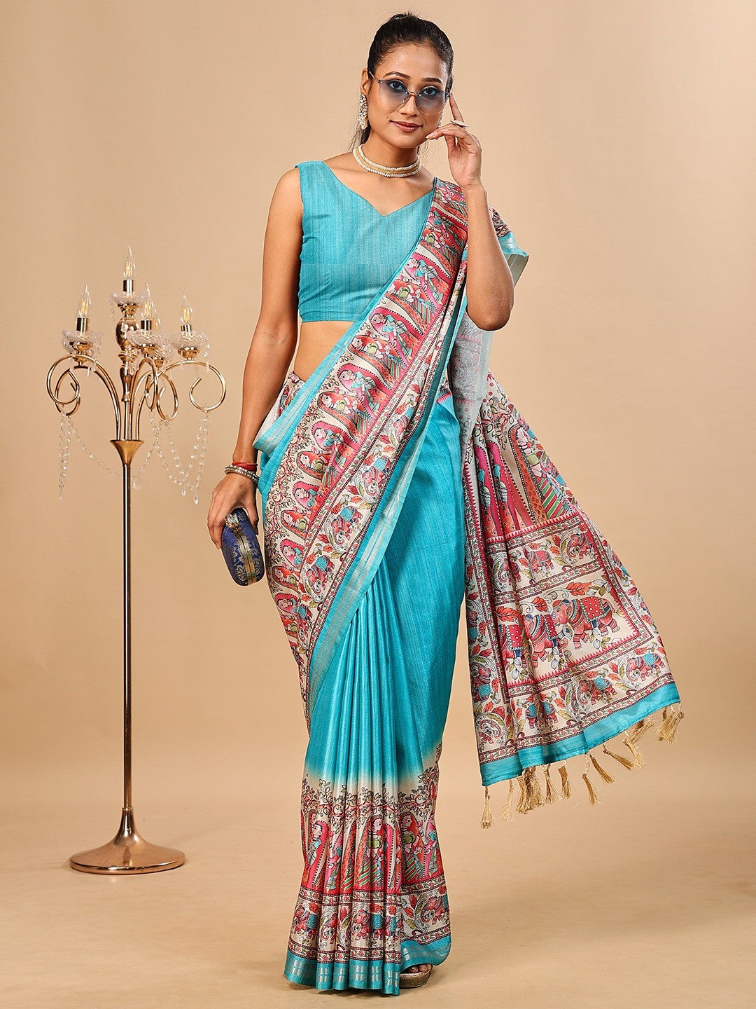 Exquisite Turquoise Madhubani & Elephant Digital Printed Tussar Silk Saree With Elegant Zari Border