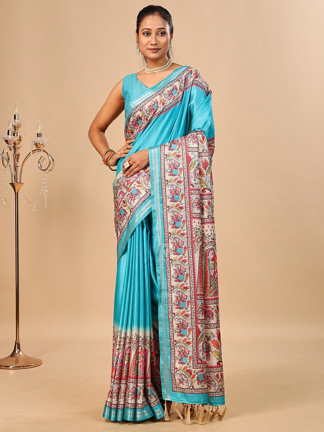 Exquisite Turquoise Madhubani & Elephant Digital Printed Tussar Silk Saree With Elegant Zari Border