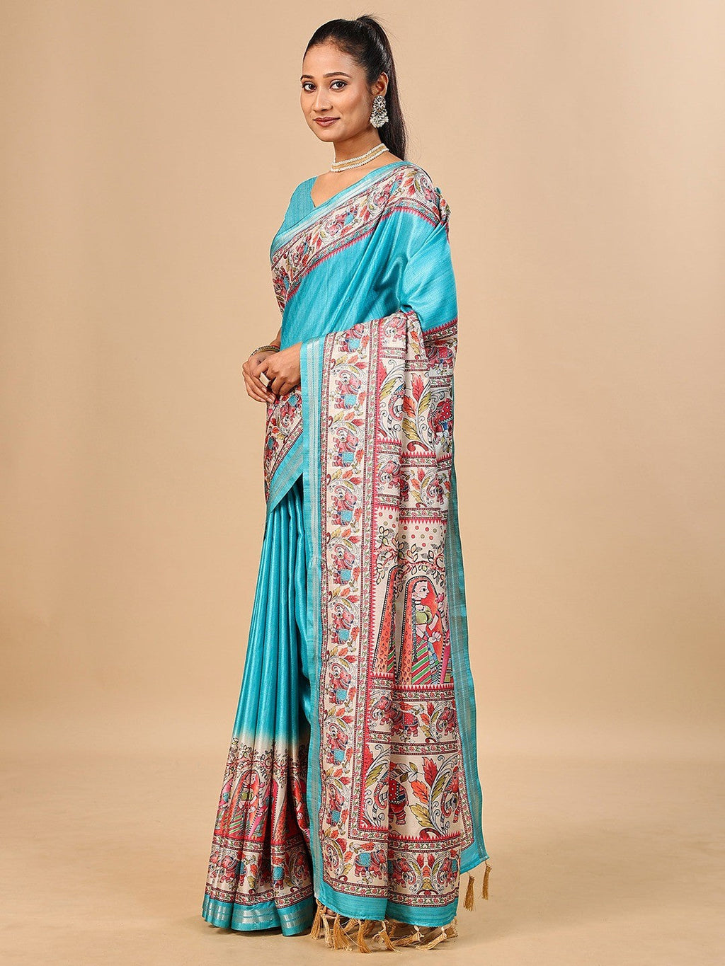 Exquisite Turquoise Madhubani & Elephant Digital Printed Tussar Silk Saree With Elegant Zari Border