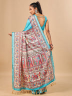 Exquisite Turquoise Madhubani & Elephant Digital Printed Tussar Silk Saree With Elegant Zari Border