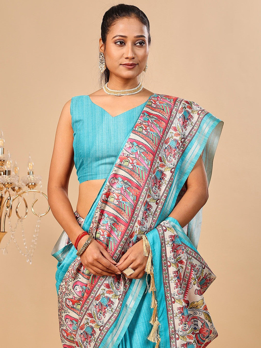 Exquisite Turquoise Madhubani & Elephant Digital Printed Tussar Silk Saree With Elegant Zari Border