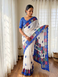 Elegant White & Blue Vichitra Silk Bandhani Saree with Mirror Work