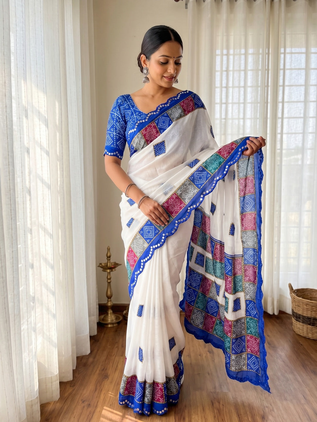 Elegant White & Blue Vichitra Silk Bandhani Saree with Mirror Work