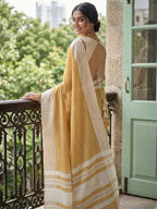 Stylish Mustard Linen Saree with Silver Border Lightweight Festive Wear