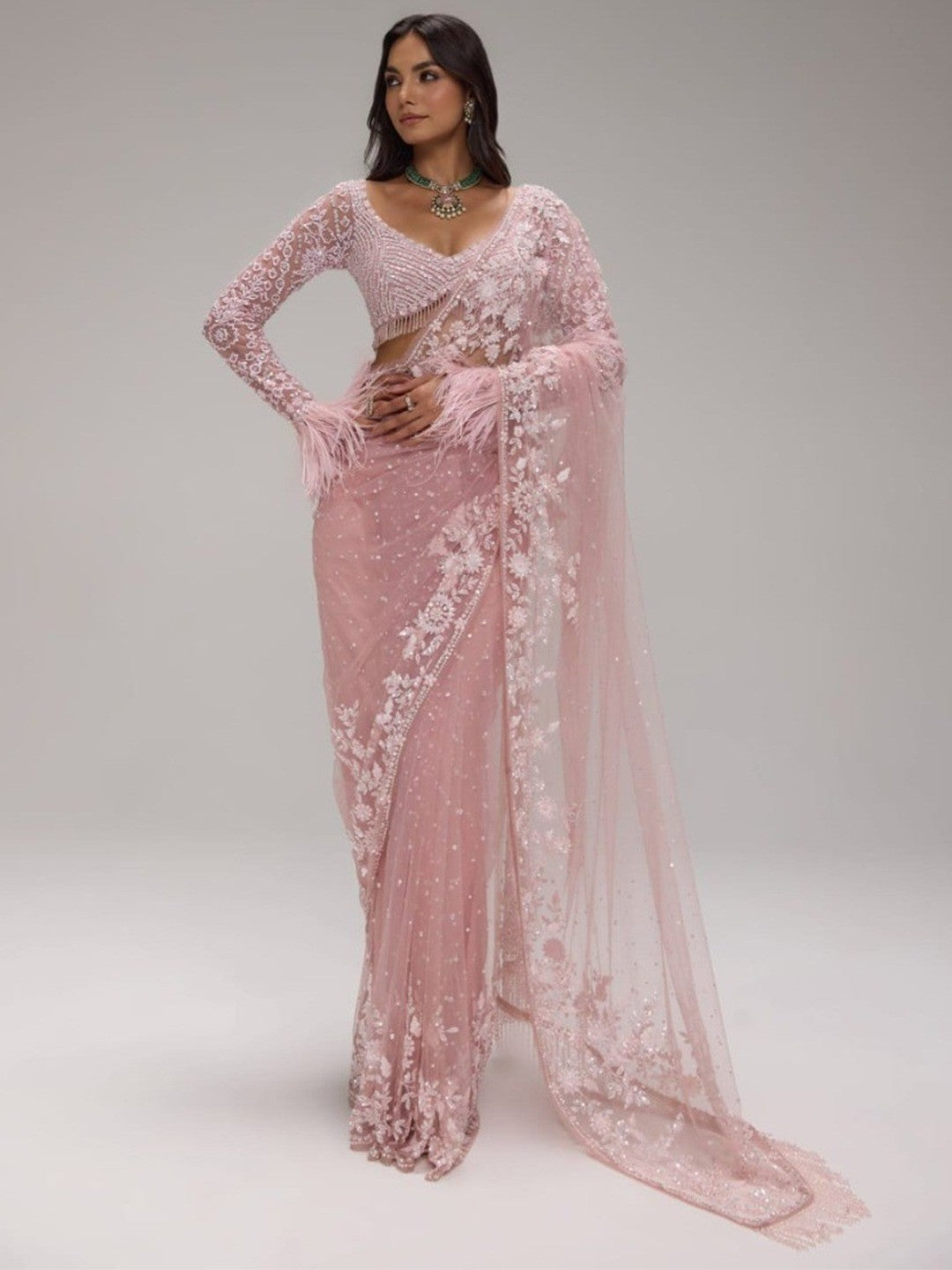 Elegant Pink Super Net Embroidered Saree with Designer Blouse