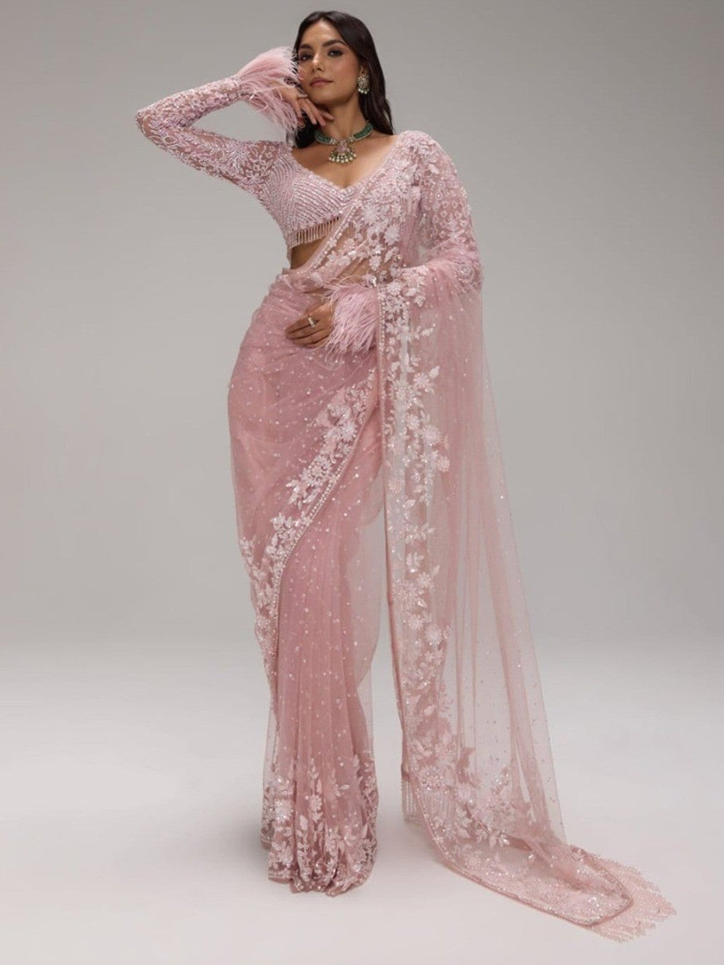Elegant Pink Super Net Embroidered Saree with Designer Blouse