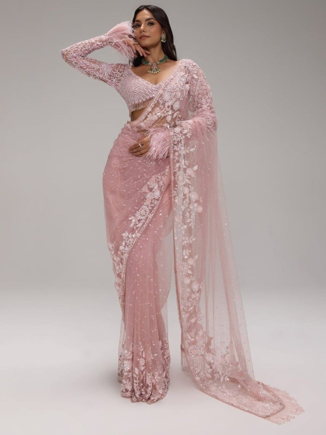 Elegant Pink Super Net Embroidered Saree with Designer Blouse