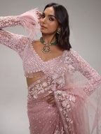 Elegant Pink Super Net Embroidered Saree with Designer Blouse