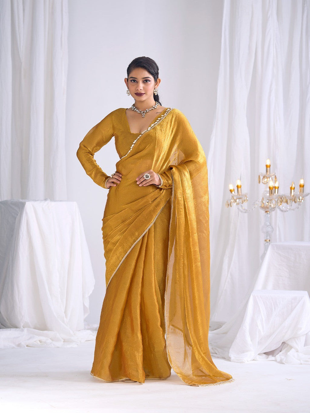 Gold Silk Blend Saree with Subtle Delicate Border Classic Ethnic Style
