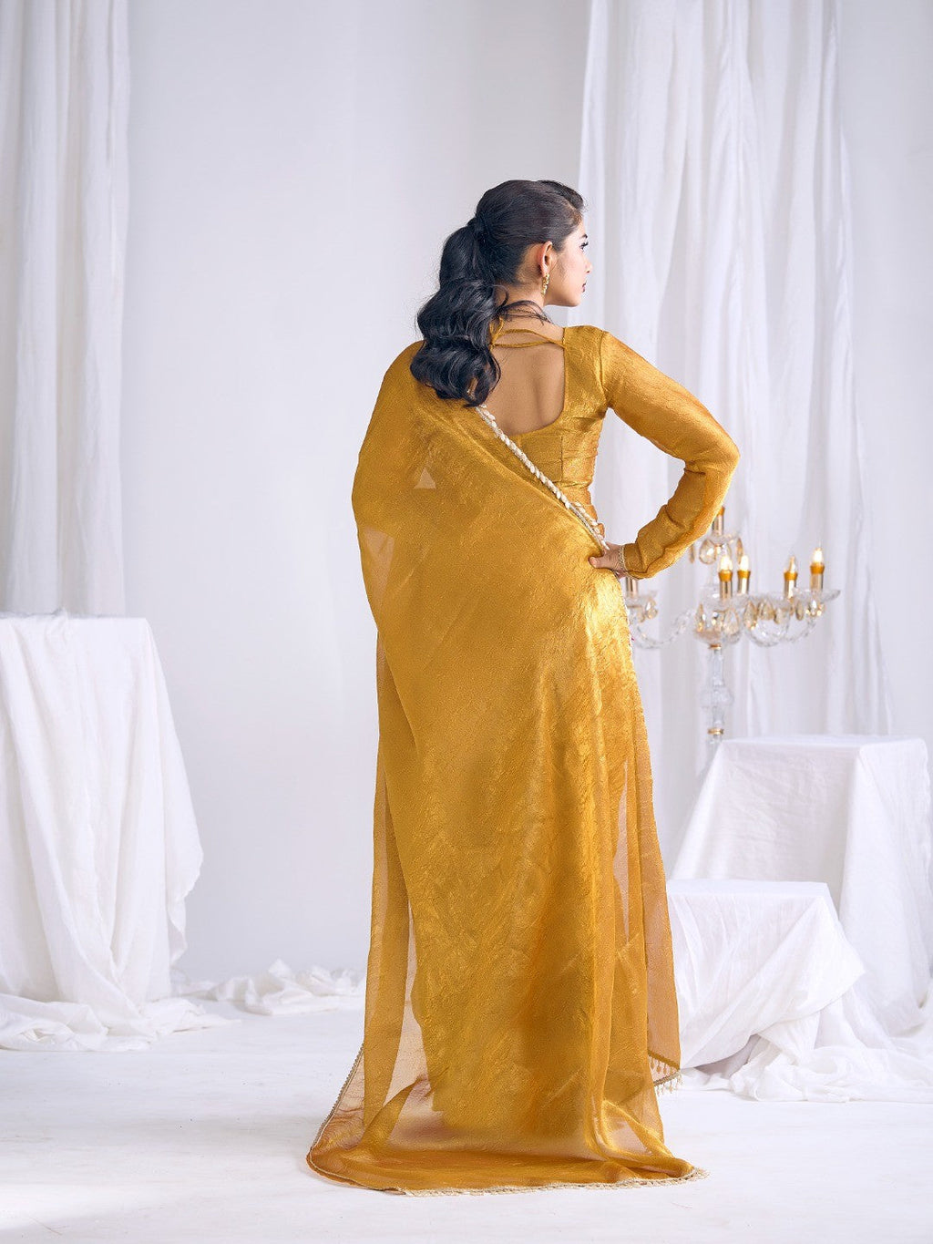 Gold Silk Blend Saree with Subtle Delicate Border Classic Ethnic Style