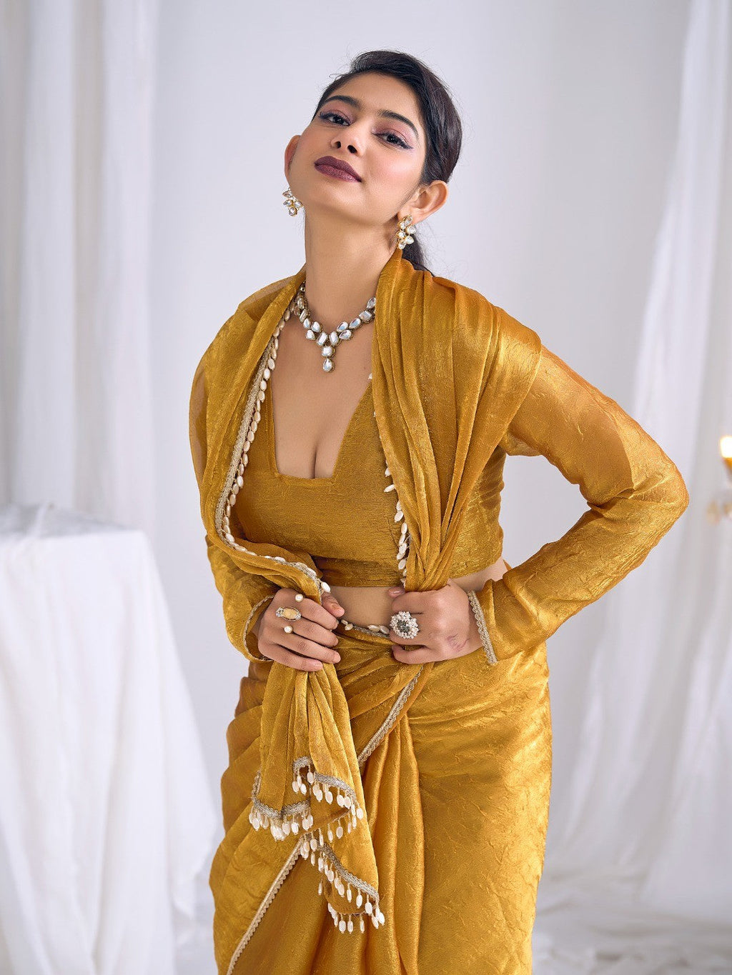 Gold Silk Blend Saree with Subtle Delicate Border Classic Ethnic Style