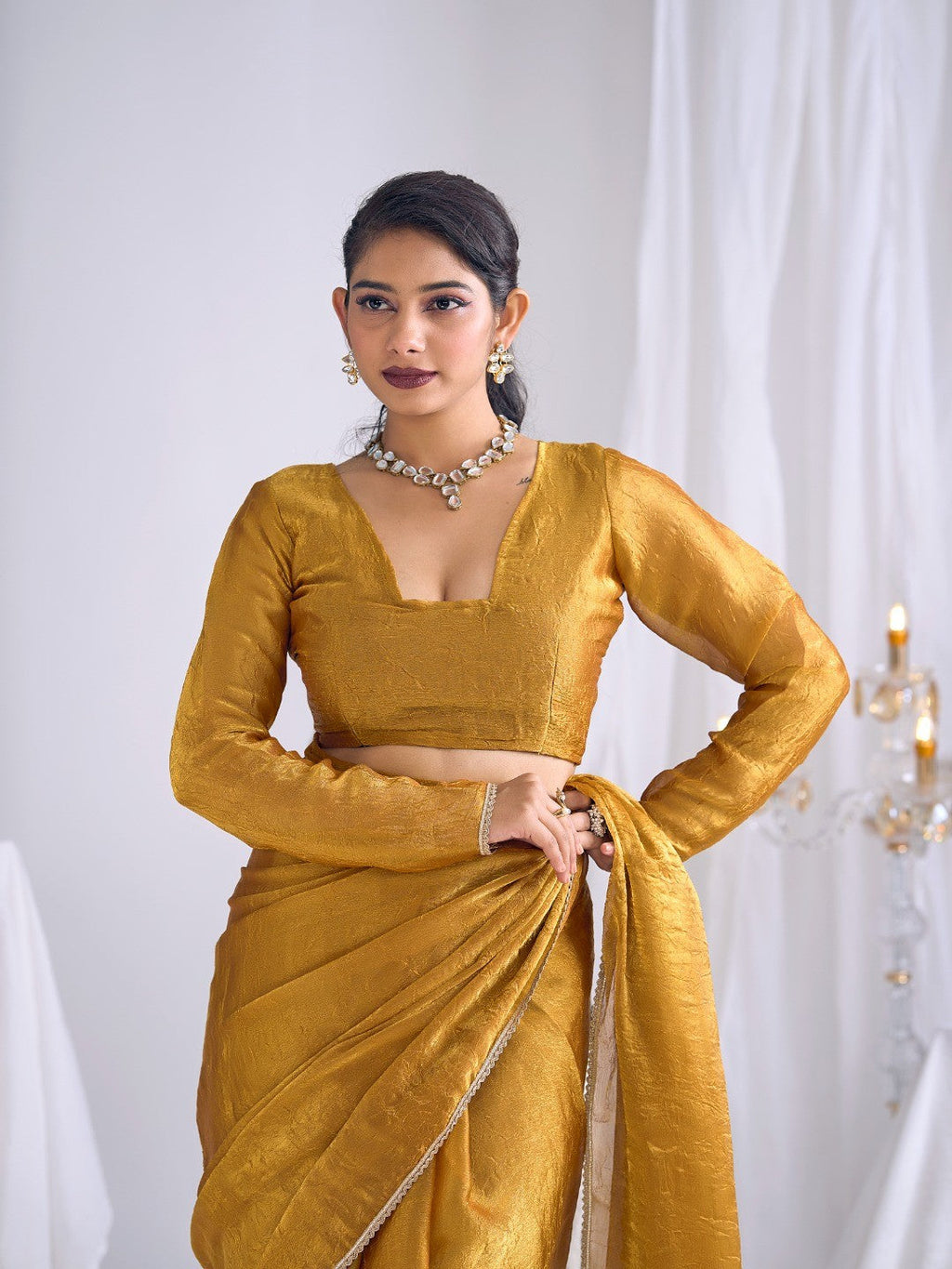 Gold Silk Blend Saree with Subtle Delicate Border Classic Ethnic Style