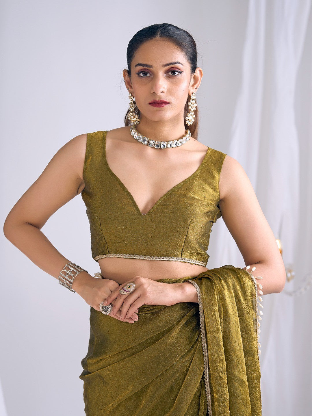 Olive Silk Blend Saree with Subtle Delicate Border Classic Ethnic Style