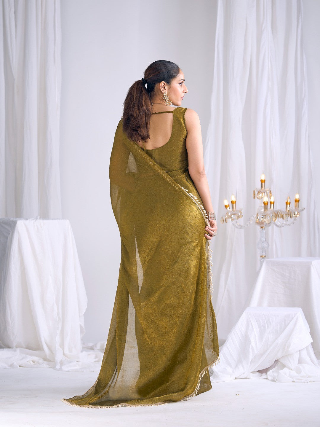 Olive Silk Blend Saree with Subtle Delicate Border Classic Ethnic Style
