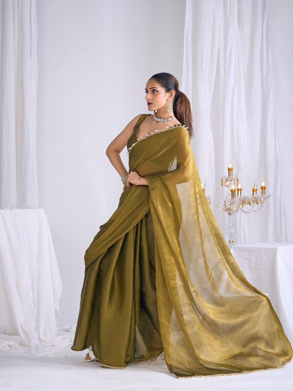 Olive Silk Blend Saree with Subtle Delicate Border Classic Ethnic Style