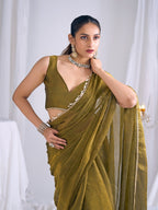 Olive Silk Blend Saree with Subtle Delicate Border Classic Ethnic Style
