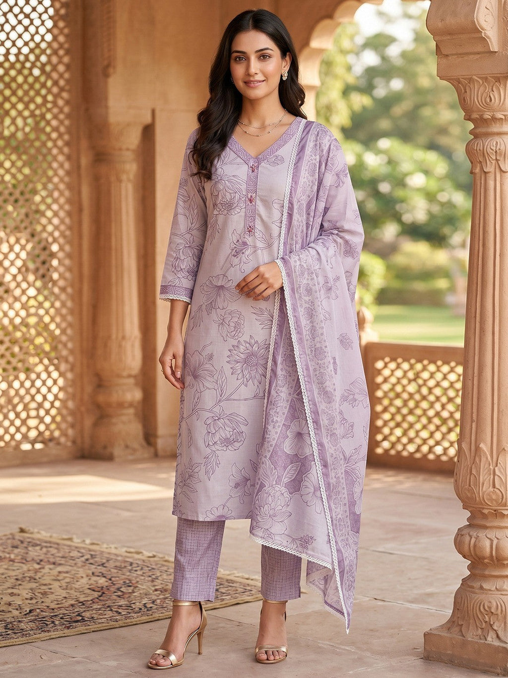 Purple Pure Cotton Salwar Suit with Floral Print and Dupatta Easy Comfortable Fit