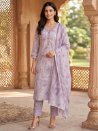 Purple Pure Cotton Salwar Suit with Floral Print and Dupatta Easy Comfortable Fit