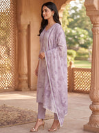 Purple Pure Cotton Salwar Suit with Floral Print and Dupatta Easy Comfortable Fit