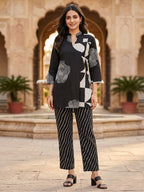 Elegant Black Abstract Print Pure Cotton Top Bottom Set Minimal Ethnic Look